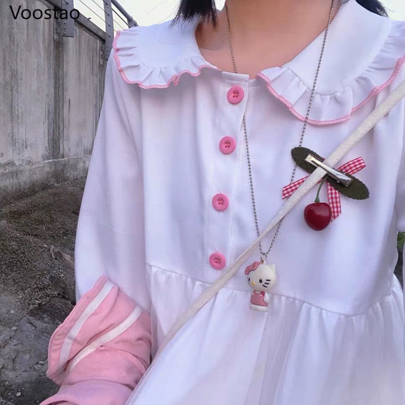 Rochie albă Kawaii Lolita femei cu mânecă lungă șifon mozaic Rochii midi japoneze dulci pentru fete ținută de petrecere în stil preppy