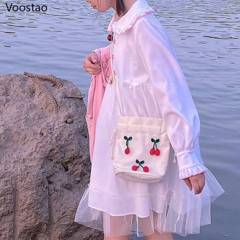 Rochie albă Kawaii Lolita femei cu mânecă lungă șifon mozaic Rochii midi japoneze dulci pentru fete ținută de petrecere în stil preppy