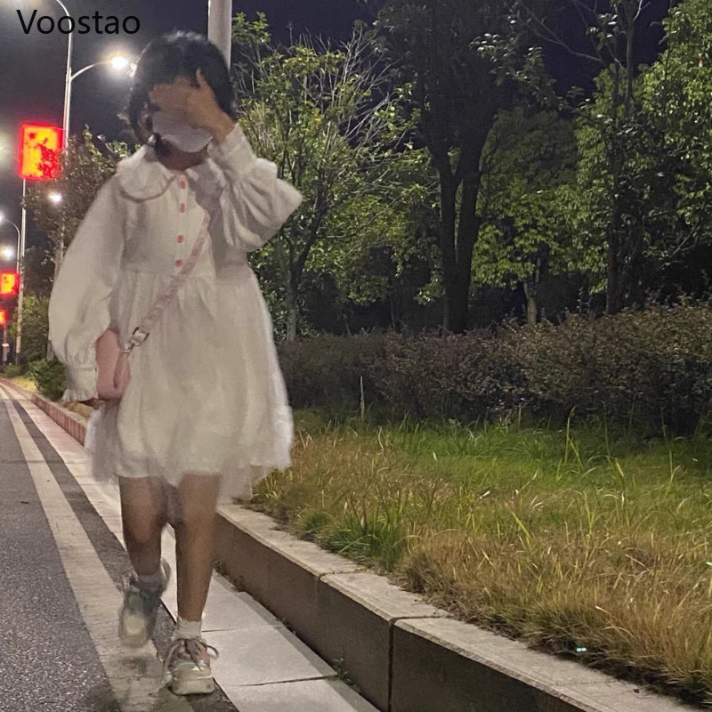 Rochie albă Kawaii Lolita femei cu mânecă lungă șifon mozaic Rochii midi japoneze dulci pentru fete ținută de petrecere în stil preppy