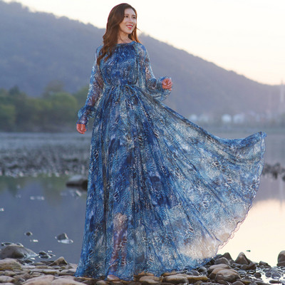 Rochie de soare din șifon cu mânecă lungă Boemia imprimeu leopard Rochie lungă de plajă cu flori de vară Rochii lejere lejer Sexy Tide