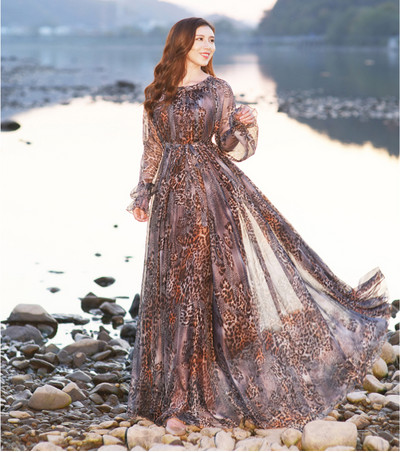 Rochie de soare din șifon cu mânecă lungă Boemia imprimeu leopard Rochie lungă de plajă cu flori de vară Rochii lejere lejer Sexy Tide