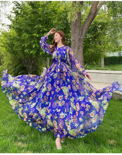 Rochie de soare din șifon cu mânecă lungă Boemia imprimeu leopard Rochie lungă de plajă cu flori de vară Rochii lejere lejer Sexy Tide