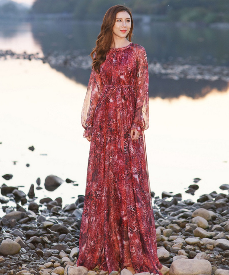 Rochie de soare din șifon cu mânecă lungă Boemia imprimeu leopard Rochie lungă de plajă cu flori de vară Rochii lejere lejer Sexy Tide