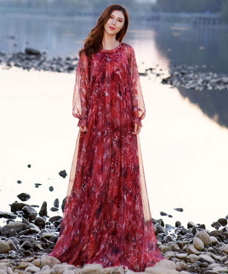 Rochie de soare din șifon cu mânecă lungă Boemia imprimeu leopard Rochie lungă de plajă cu flori de vară Rochii lejere lejer Sexy Tide