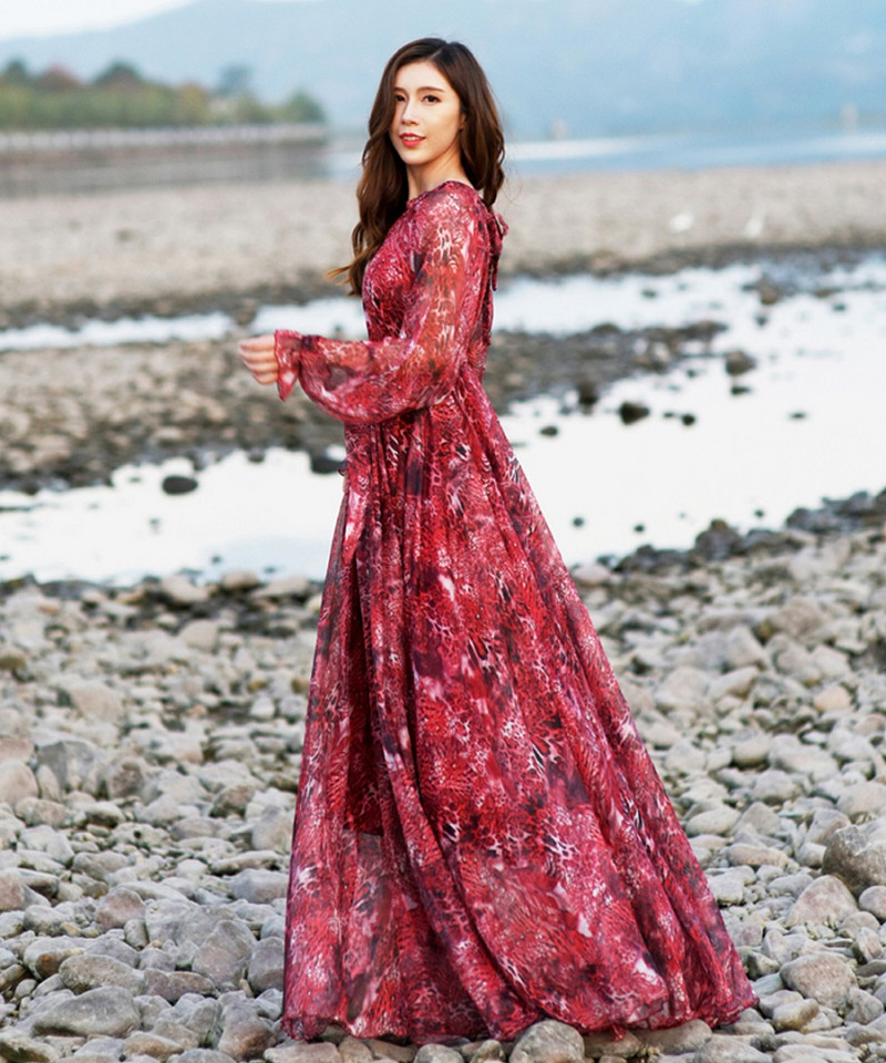 Rochie de soare din șifon cu mânecă lungă Boemia imprimeu leopard Rochie lungă de plajă cu flori de vară Rochii lejere lejer Sexy Tide