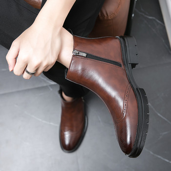 Модни мъжки ботуши Chelsea в британски стил Кожени ежедневни обувки за мъже Бизнес ботуши с приплъзване Мъжки ботуши на блок с дебела подметка