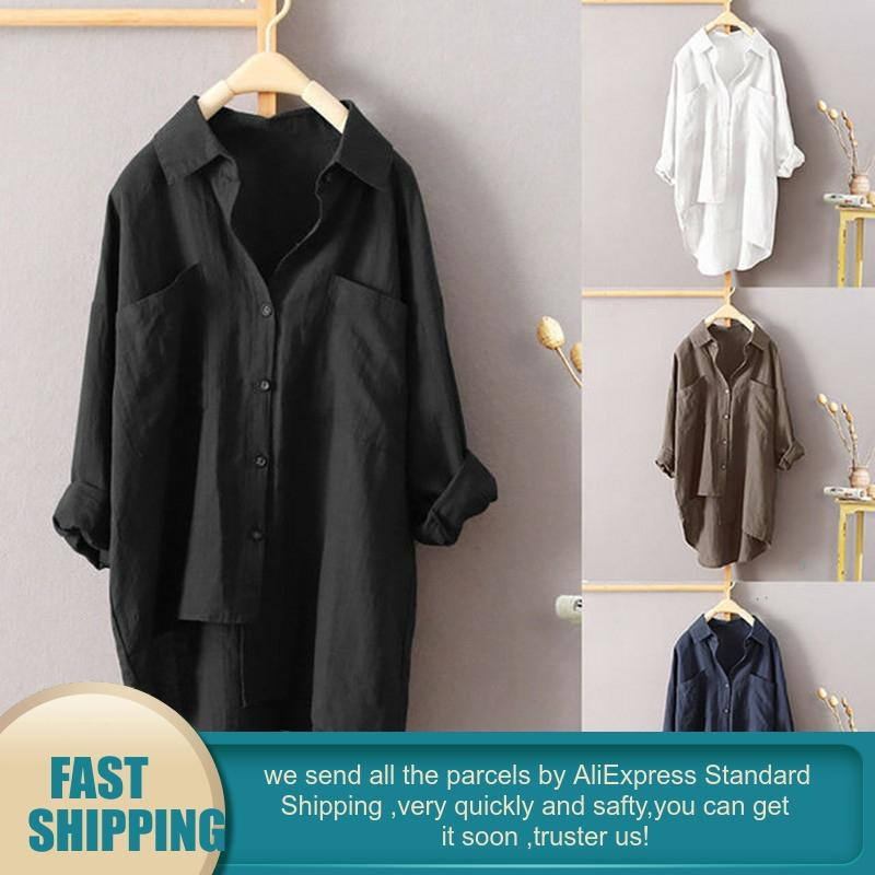 Bijela košulja velikih veličina Ženska ženska bluza dugih rukava s dugmićima, jednobojne, ležerne, pamučne bluze, gornji dijelovi Odjeća za korejske žene