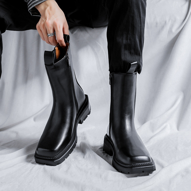 brand designer cizme inalte pentru barbati moda piele originala pantofi cu varf patrat scena nightclub chelsea boot lung platforma botas man