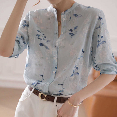 Καλοκαιρινή νέα βάση γιακάς Vintage Floral γυναικείο πουκάμισο μονό στήθος 3/4 μανίκια σιφόν μπλούζα Femme All-match Chic γυναικεία ρούχα