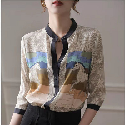 Καλοκαιρινή νέα βάση γιακάς Vintage Floral γυναικείο πουκάμισο μονό στήθος 3/4 μανίκια σιφόν μπλούζα Femme All-match Chic γυναικεία ρούχα