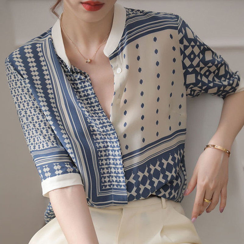 Καλοκαιρινή νέα βάση γιακάς Vintage Floral γυναικείο πουκάμισο μονό στήθος 3/4 μανίκια σιφόν μπλούζα Femme All-match Chic γυναικεία ρούχα