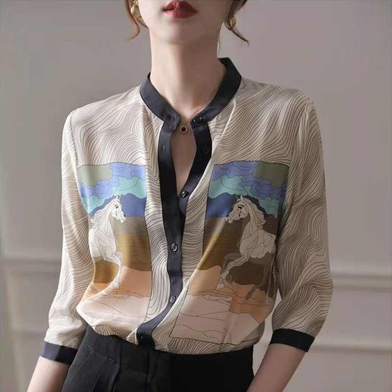 Καλοκαιρινή νέα βάση γιακάς Vintage Floral γυναικείο πουκάμισο μονό στήθος 3/4 μανίκια σιφόν μπλούζα Femme All-match Chic γυναικεία ρούχα