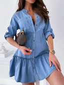 Pavasario šviesiai mėlyni marškiniai ilgomis rankovėmis, biuro suknelė moterims, didelėmis kišenėmis, raukiniais, vientisa suknelė, laisvalaikio laisvi gatvės aprangos suknelė, 2022 m.