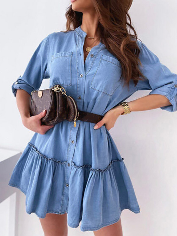 Pavasario šviesiai mėlyni marškiniai ilgomis rankovėmis, biuro suknelė moterims, didelėmis kišenėmis, raukiniais, vientisa suknelė, laisvalaikio laisvi gatvės aprangos suknelė, 2022 m.