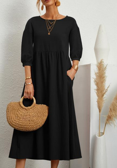 Γυναικεία βαμβακερά λινό φαρδιά μακρύ μάξι φθινοπωρινό φόρεμα με λαιμόκοψη μακρύ μανίκι φανάρι Μασίφ υπερμεγέθη φορέματα τσέπης S-2XL JWFZ-559