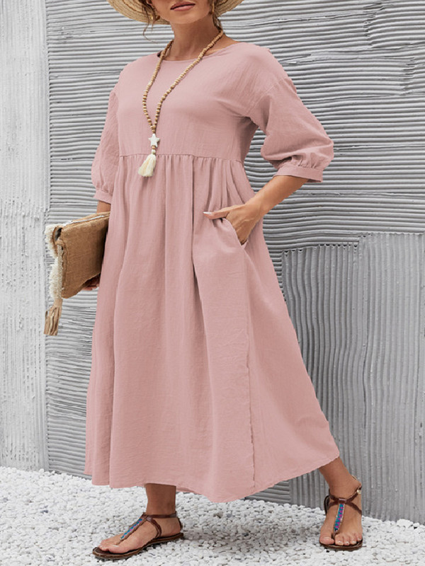 Γυναικεία βαμβακερά λινό φαρδιά μακρύ μάξι φθινοπωρινό φόρεμα με λαιμόκοψη μακρύ μανίκι φανάρι Μασίφ υπερμεγέθη φορέματα τσέπης S-2XL JWFZ-559