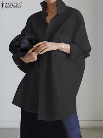Modna jesenska bluza dugih rukava s preklopnim izrezom ZANZEA prekomjerna ženska košulja Ležerna široka jednobojna majica Elegantna radna košulja
