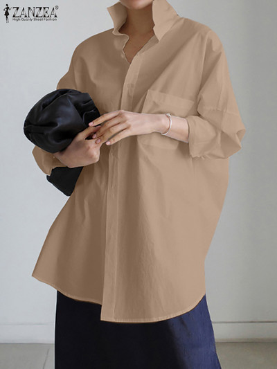 Modna jesenska bluza dugih rukava s preklopnim izrezom ZANZEA prekomjerna ženska košulja Ležerna široka jednobojna majica Elegantna radna košulja