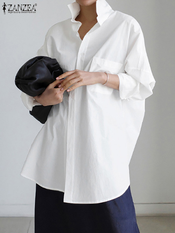 Modna jesenska bluza dugih rukava s preklopnim izrezom ZANZEA prekomjerna ženska košulja Ležerna široka jednobojna majica Elegantna radna košulja