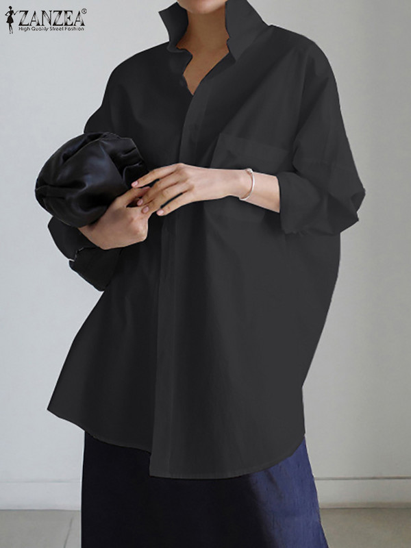 Modna jesenska bluza dugih rukava s preklopnim izrezom ZANZEA prekomjerna ženska košulja Ležerna široka jednobojna majica Elegantna radna košulja