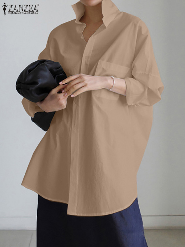 Modna jesenska bluza dugih rukava s preklopnim izrezom ZANZEA prekomjerna ženska košulja Ležerna široka jednobojna majica Elegantna radna košulja
