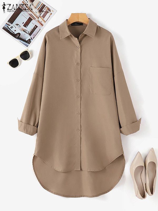 Modna jesenska bluza dugih rukava s preklopnim izrezom ZANZEA prekomjerna ženska košulja Ležerna široka jednobojna majica Elegantna radna košulja