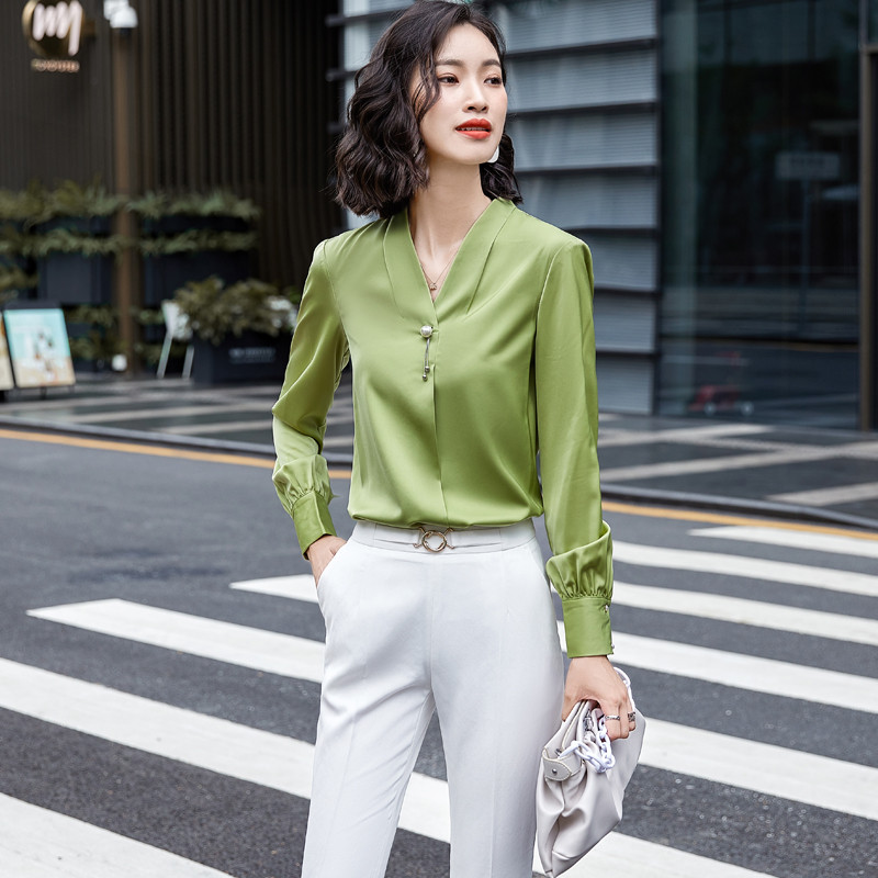 Lenshin Ženska meka košulja, ženska puna rukava, ovratnik s V-izrezom, Jednostavna bijela bluza, majice, ženska jesenska odjeća