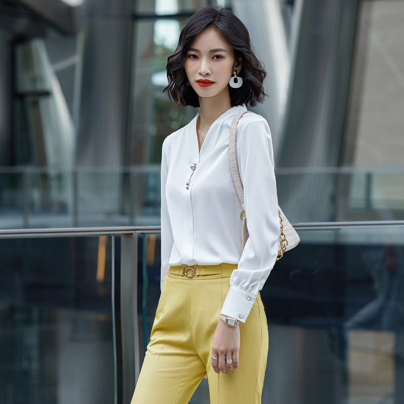 Lenshin Ženska meka košulja, ženska puna rukava, ovratnik s V-izrezom, Jednostavna bijela bluza, majice, ženska jesenska odjeća