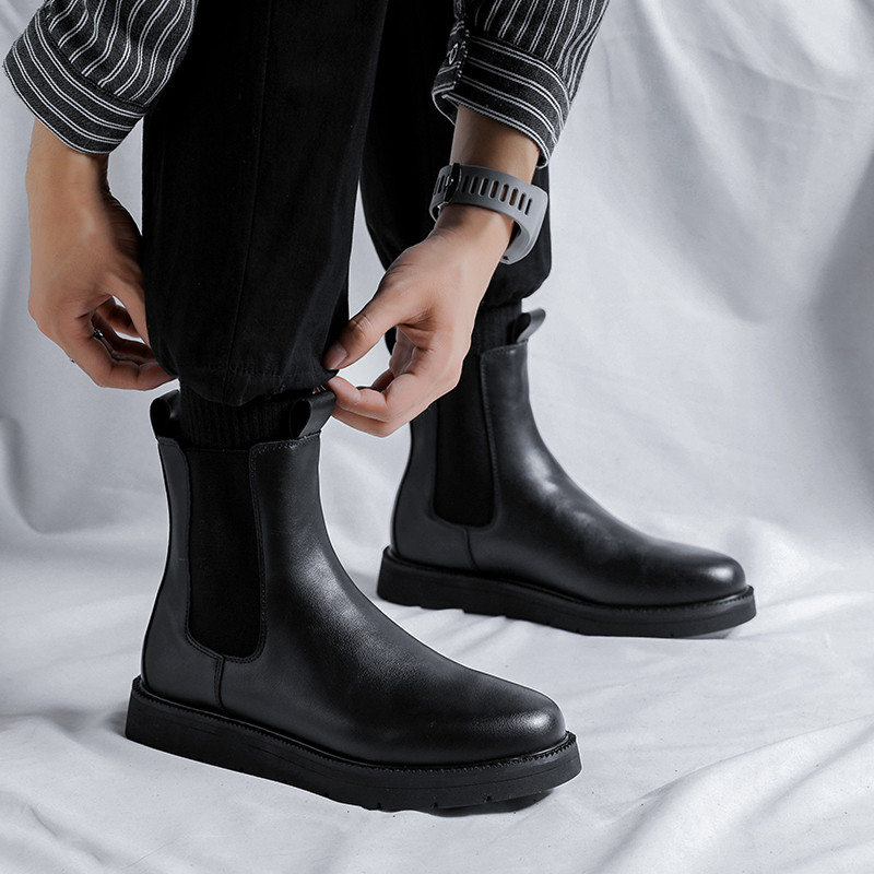 ανδρική μόδα μπότες τσέλσι μαύρες παλίρροιες φλατ παπούτσια πάρτι φόρεμα χορού καουμπόη πρωτότυπη δερμάτινη μπότα άνοιξη φθινόπωρο ankle botas hombre