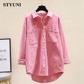 Ženska bluza-košulja od ružičastog samta, jednobojni starinski ovratnik, korejska modna ženska odjeća dugih rukava s jednim kopčanjem