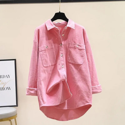 Ženska bluza-košulja od ružičastog samta, jednobojni starinski ovratnik, korejska modna ženska odjeća dugih rukava s jednim kopčanjem