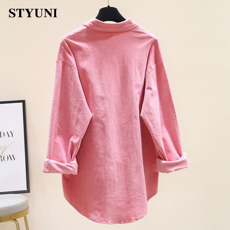 Ženska bluza-košulja od ružičastog samta, jednobojni starinski ovratnik, korejska modna ženska odjeća dugih rukava s jednim kopčanjem