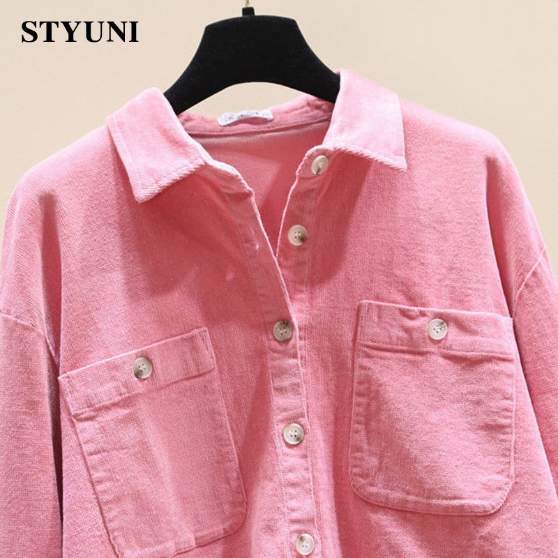 Ženska bluza-košulja od ružičastog samta, jednobojni starinski ovratnik, korejska modna ženska odjeća dugih rukava s jednim kopčanjem