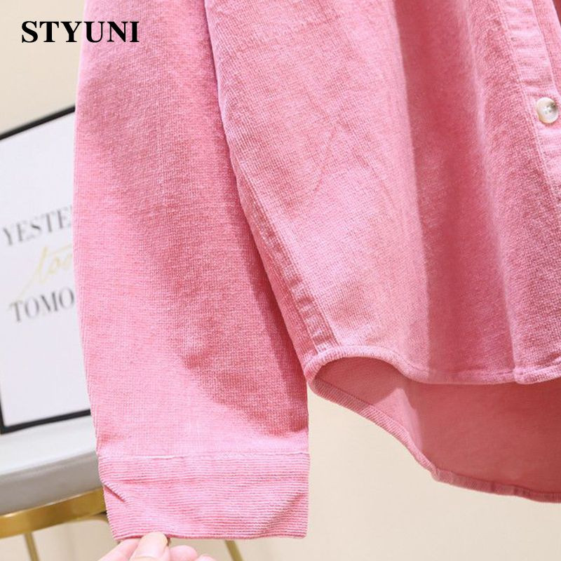 Ženska bluza-košulja od ružičastog samta, jednobojni starinski ovratnik, korejska modna ženska odjeća dugih rukava s jednim kopčanjem