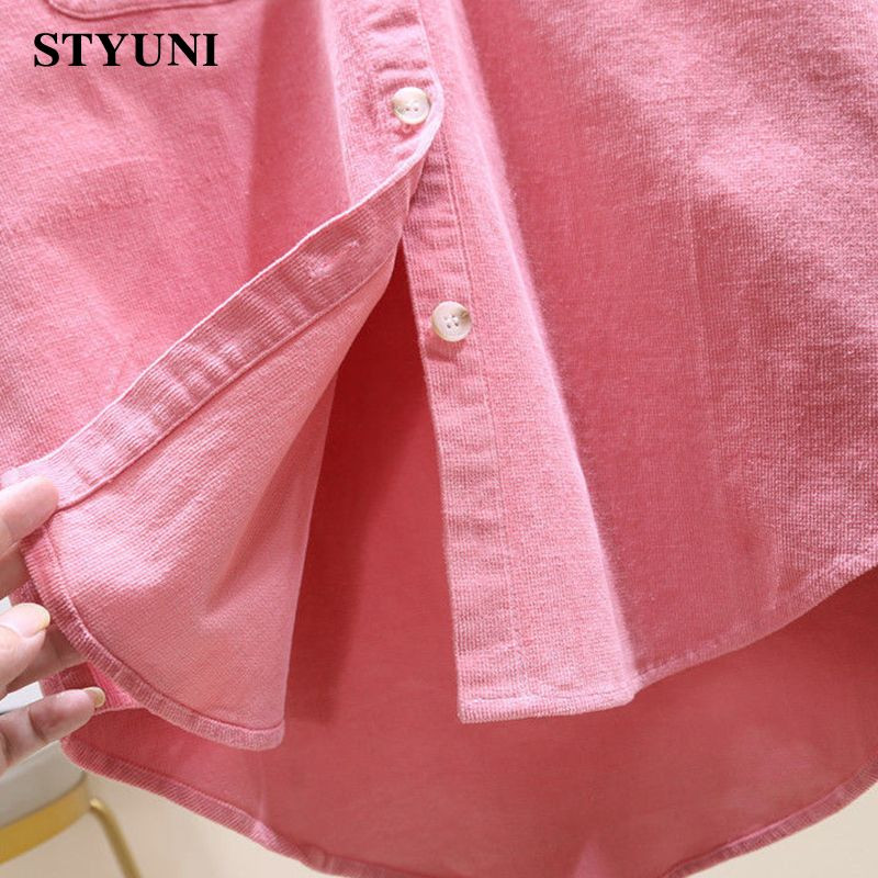 Ženska bluza-košulja od ružičastog samta, jednobojni starinski ovratnik, korejska modna ženska odjeća dugih rukava s jednim kopčanjem