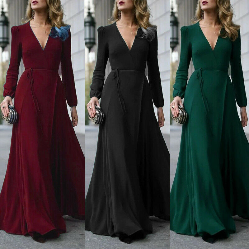 Ženska seksi formalna maksi haljina s V izrezom i dugim rukavima, jednobojni povez, uredska ženska večernja haljina za maturalnu zabavu u 3 boje.