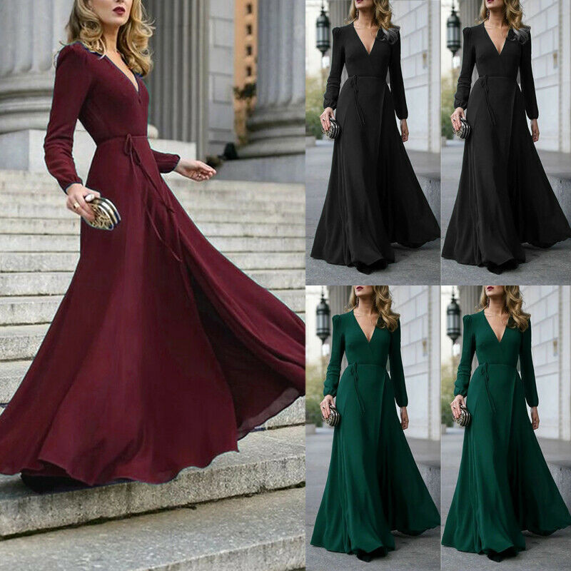 Ženska seksi formalna maksi haljina s V izrezom i dugim rukavima, jednobojni povez, uredska ženska večernja haljina za maturalnu zabavu u 3 boje.