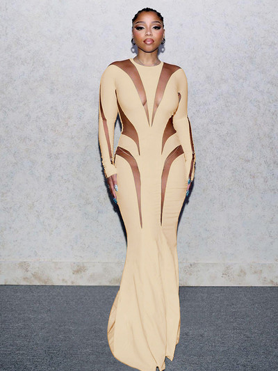 Γυναικείο φόρεμα με σέξι διχτυωτό διάφανο συνονθύλευμα 2023 Νέο φθινοπωρινό κομψό μακρυμάνικο μάξι Bodycon Skinny Stretch Clubwear Vestidos