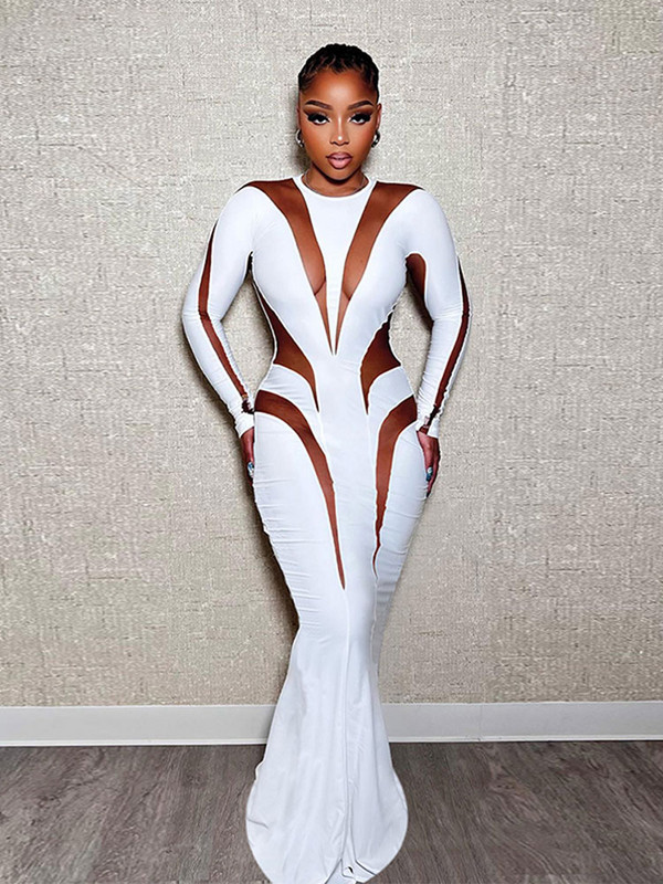 Γυναικείο φόρεμα με σέξι διχτυωτό διάφανο συνονθύλευμα 2023 Νέο φθινοπωρινό κομψό μακρυμάνικο μάξι Bodycon Skinny Stretch Clubwear Vestidos