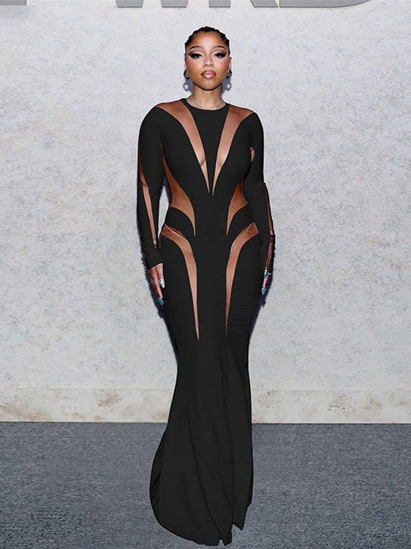 Γυναικείο φόρεμα με σέξι διχτυωτό διάφανο συνονθύλευμα 2023 Νέο φθινοπωρινό κομψό μακρυμάνικο μάξι Bodycon Skinny Stretch Clubwear Vestidos