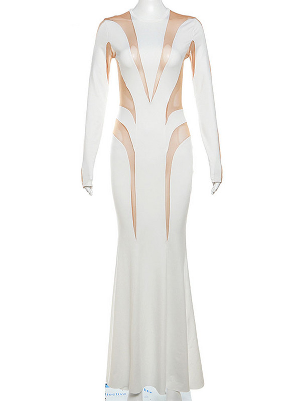 Γυναικείο φόρεμα με σέξι διχτυωτό διάφανο συνονθύλευμα 2023 Νέο φθινοπωρινό κομψό μακρυμάνικο μάξι Bodycon Skinny Stretch Clubwear Vestidos