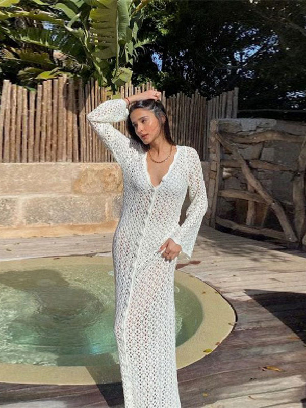 2023-as őszi női szexi, átlátszó kötött ruha Női elegáns, hosszú ujjú, kivágott ruhák Hölgyi nyaralás Vestidos
