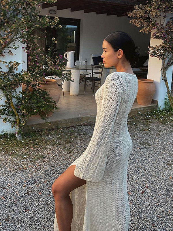 2023-as őszi női szexi, átlátszó kötött ruha Női elegáns, hosszú ujjú, kivágott ruhák Hölgyi nyaralás Vestidos