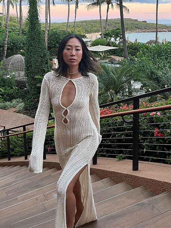 2023-as őszi női szexi, átlátszó kötött ruha Női elegáns, hosszú ujjú, kivágott ruhák Hölgyi nyaralás Vestidos