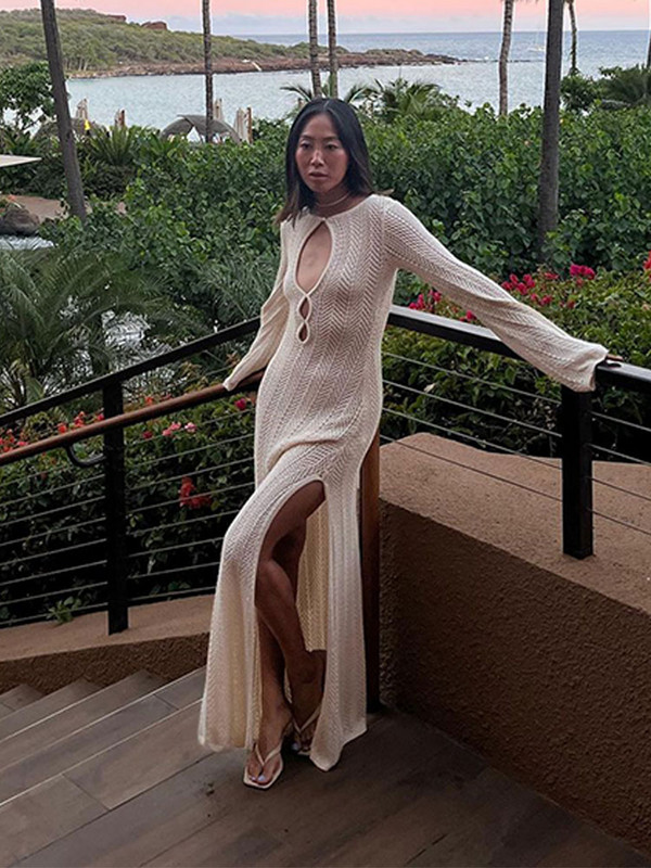 2023-as őszi női szexi, átlátszó kötött ruha Női elegáns, hosszú ujjú, kivágott ruhák Hölgyi nyaralás Vestidos