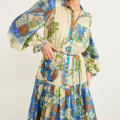 Vintage dugačka haljina s volanima s remenom Ženske elegantne haljine s reverima i velikim zaokretima A-kroja Ležerni ženski široki ogrtač