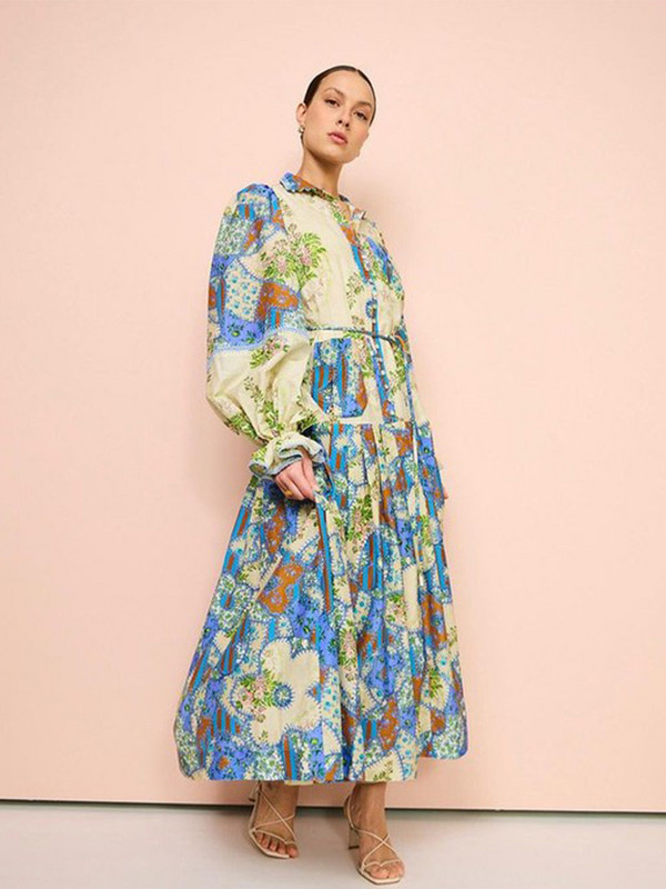 Vintage dugačka haljina s volanima s remenom Ženske elegantne haljine s reverima i velikim zaokretima A-kroja Ležerni ženski široki ogrtač