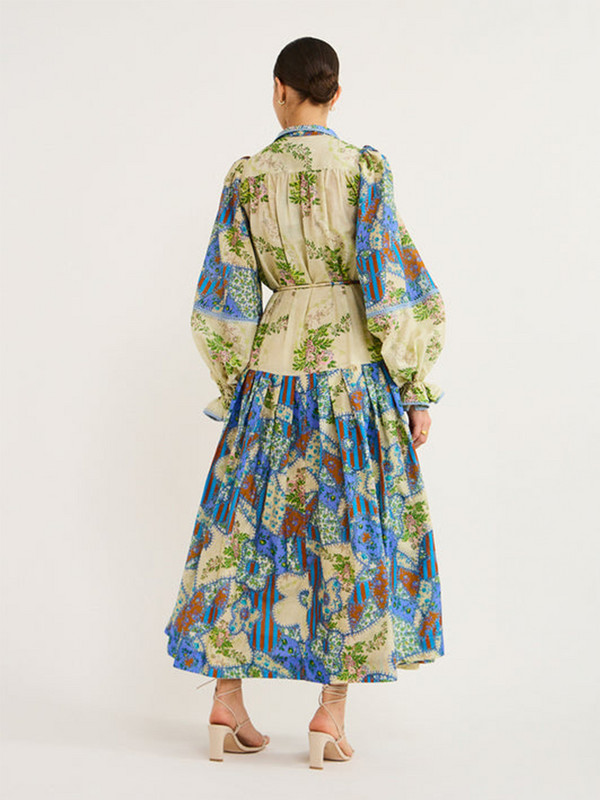 Vintage dugačka haljina s volanima s remenom Ženske elegantne haljine s reverima i velikim zaokretima A-kroja Ležerni ženski široki ogrtač