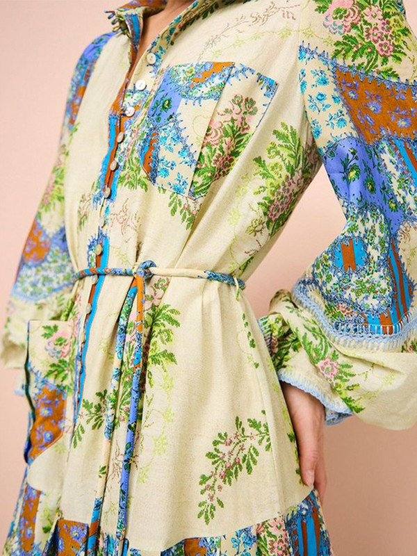 Vintage dugačka haljina s volanima s remenom Ženske elegantne haljine s reverima i velikim zaokretima A-kroja Ležerni ženski široki ogrtač