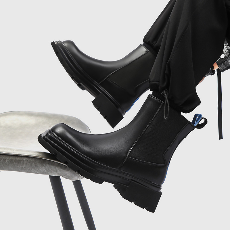 Ανδρικές μπότες Chelsea με τετράγωνα δάχτυλα βρετανικού στιλ Μπότες αστραγάλου πλατφόρμα Unisex δερμάτινες μπότες μοτοσικλέτας για άντρες και γυναίκες